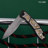 Хантер (карбон черный, вставка в рукоять стим-панк, золото, серебро, кастомная заточка) дамасская сталь ZDI-1016, узор капля нью - Компания «АиР»