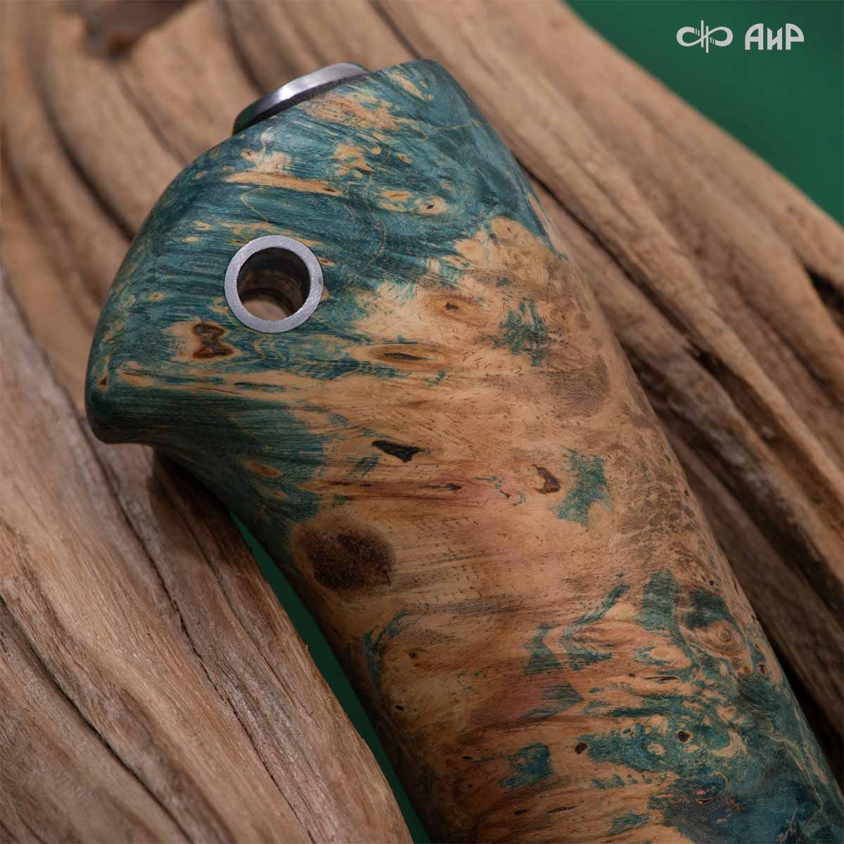 Финка Нью (наборная: стабилизированный граб, стабилизированный кап клена зеленый, фибра синяя, алюмин.втулка, авторские ножны, кастомная заточка) CPR, № 04 - Компания «АиР»
