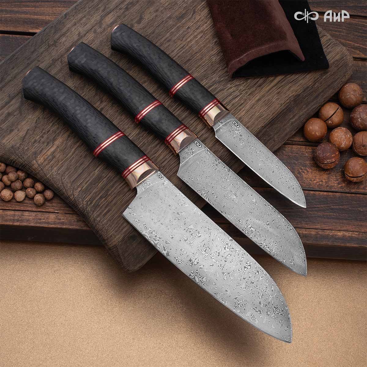 Набор Сантоку-3 (наборная рукоять: карбон черный, проставки медь, фибра, мокуме гане, ввертыш медь, авторский кейс) дамасская сталь ZDI-1016 - Компания «АиР»