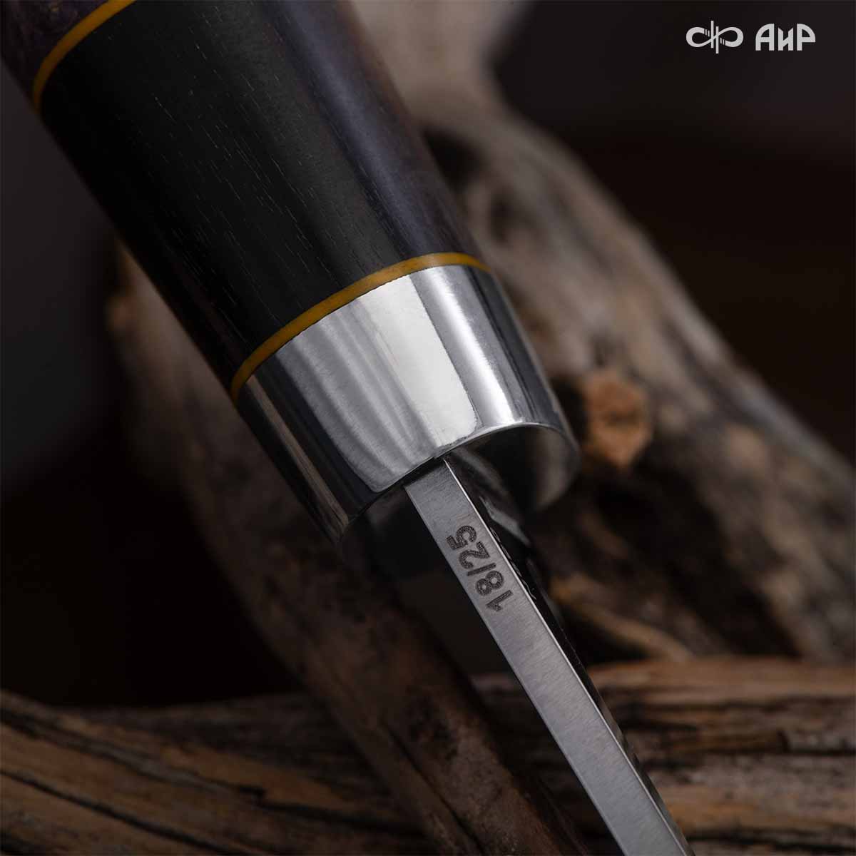 Финка Нью (наборная: стабилизированный граб, стабилизированный кап клена фиолетовый, фибра желтая, алюмин.втулка, авторские ножны, кастомная заточка) N690, № 18 - Компания «АиР»