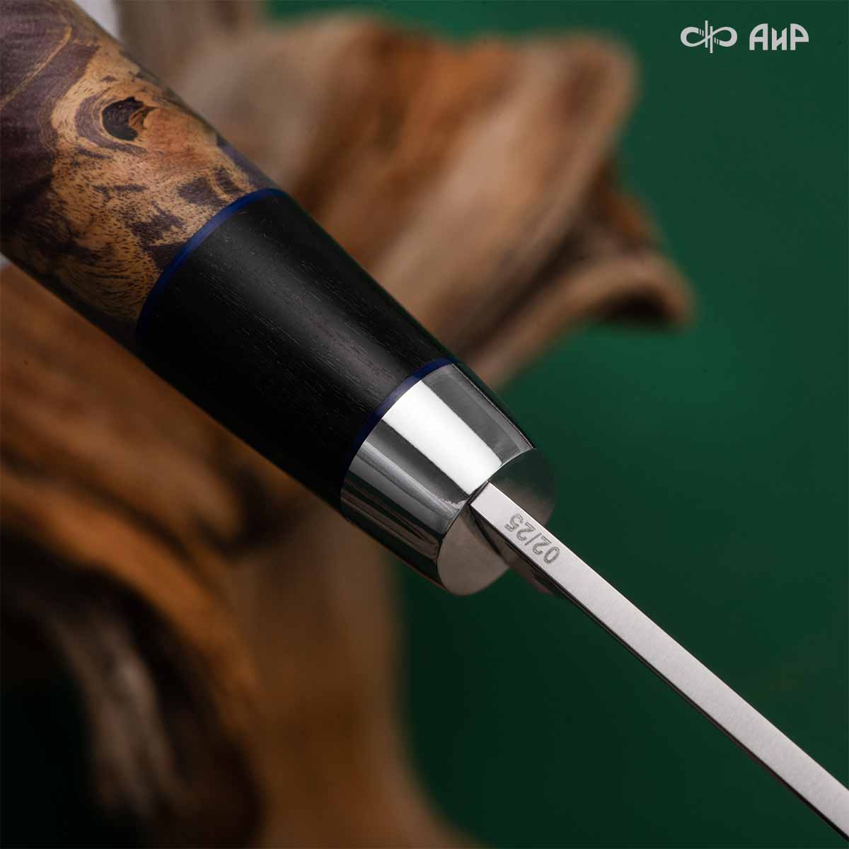 Финка Нью (наборная: стабилизированный граб, стабилизированный кап клена фиолетовый, фибра синяя, алюмин.втулка, авторские ножны, кастомная заточка) CPR, № 02 - Компания «АиР»