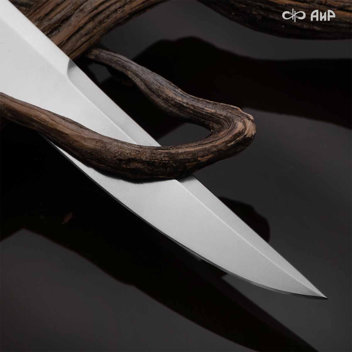 Финка Нью (наборная: стабилизированный граб, стабилизированный кап клена фиолетовый, фибра желтая, алюмин.втулка, авторские ножны, кастомная заточка) N690, № 18 - Компания «АиР»