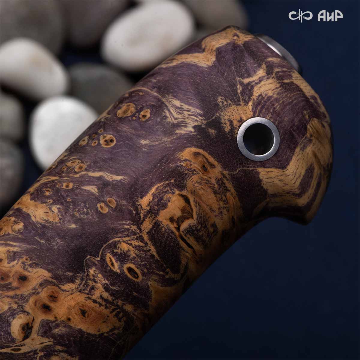 Финка Нью (наборная: стабилизированный граб, стабилизированный кап клена фиолетовый, фибра желтая, алюмин.втулка, авторские ножны, кастомная заточка) K390, № 07 - Компания «АиР»