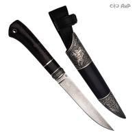  Нож Финка-5 с сюжетом Всадник, стабилизированная карельская береза фиолетовая, комбинированные ножны, Артикул: 38689