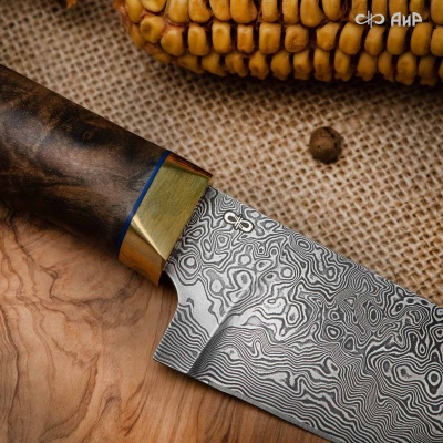 Пчак (стабилизированный ореховый кап, латунь, фибра) дамасская сталь ZDI-1016 - Компания «АиР»