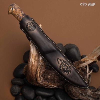 Финка Нью (наборная: стабилизированный граб, стабилизированный кап клена фиолетовый, фибра желтая, алюмин.втулка, авторские ножны, кастомная заточка) 100Х13М, № 25 - Компания «АиР»