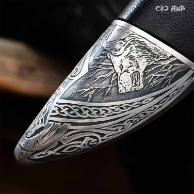  Нож Бекас с сюжетом Медведь и волк рычат, комбинированные ножны, Артикул: 38392 - Компания «АиР»