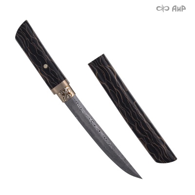 Нож "Айкути" из дамасской стали ZDI-1016 (композит с бронзовой микросеткой «волны», черный, мокуме гане) - Компания «АиР»