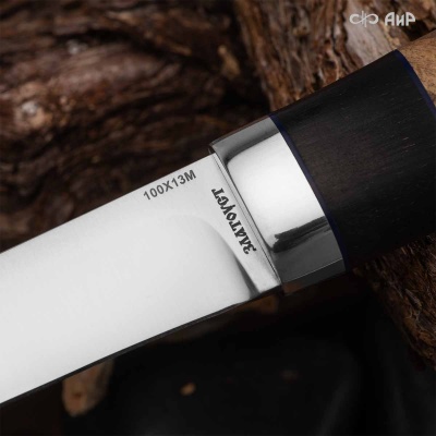 Финка Нью (наборная: стабилизированный граб, стабилизированный кап клена коричневый, фибра синяя, алюмин.втулка, авторские ножны, кастомная заточка) 100Х13М, № 24 - Компания «АиР»