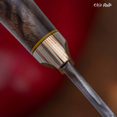 Набор Стейковый (нож и вилка, стабилизированный ореховый кап, мокуме гане, медная втулка, кастомная заточка) дамасская сталь ZD-0803, узор твист - Компания «АиР»