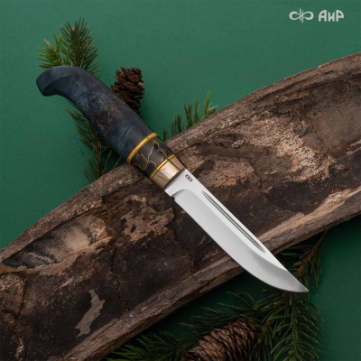 Финка Лаппи (наборная: стабилизированный кап тополя синий, композит с латунью, мокуме гане, проставки фибра желтая, латунь) - Компания «АиР»