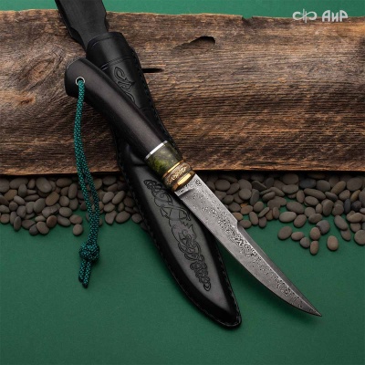 Нож Финка-5, стабилизированный граб, стабилизированный кап клена зеленый, авторские ножны, Артикул: 38903 - Компания «АиР»