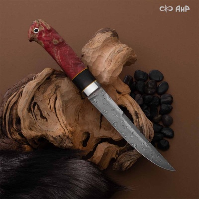 Финка Нью (наборная: стабилизированный граб, стабилизированный кап клена красный, фибра желтая, алюмин.втулка, авторские ножны, кастомная заточка) ZDI-1016, узор пирамида № 11 - Компания «АиР»