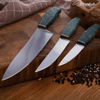 Набор Поварской-3 (стабилизированная карельская береза зеленая, мокуме гане 3 мм) - Компания «АиР»