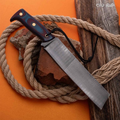 Уралмаш тесак (микарта красно-синяя, паракорд с темлячным узлом, кастомная заточка) дамасская сталь ZD-0801, узор ступени - Компания «АиР»