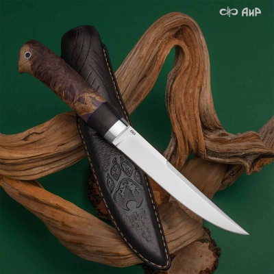 Финка Нью (наборная: стабилизированный граб, стабилизированный кап клена фиолетовый, фибра синяя, алюмин.втулка, авторские ножны, кастомная заточка) CPR, № 02 - Компания «АиР»