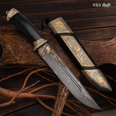 Нож Арсенальный люкс с сюжетом Лось в лесу, комбинированные ножны, Артикул: 39173 - Компания «АиР»