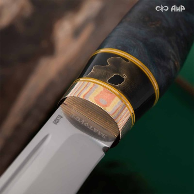 Финка Лаппи (наборная: стабилизированный кап тополя синий, композит с латунью, мокуме гане, проставки фибра желтая, латунь) - Компания «АиР»