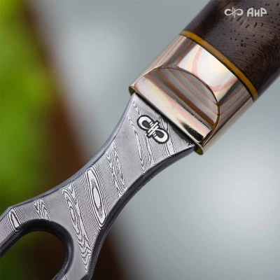 Набор Стейковый (нож и вилка, стабилизированный ореховый кап, мокуме гане, медная втулка, кастомная заточка) дамасская сталь ZD-0803, узор твист - Компания «АиР»