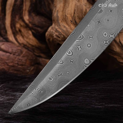 Финка Нью (наборная: стабилизированный граб, стабилизированный кап клена красный, фибра желтая, алюмин.втулка, авторские ножны, кастомная заточка) ZDI-1016, узор пирамида № 11 - Компания «АиР»