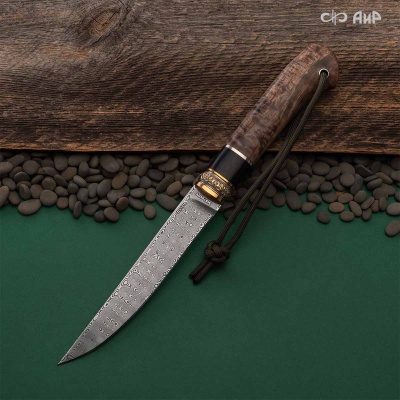 Нож Финка-5, стабилизированная карельская береза коричневая, стабилизированный граб, авторские ножны, Артикул: 38901 - Компания «АиР»