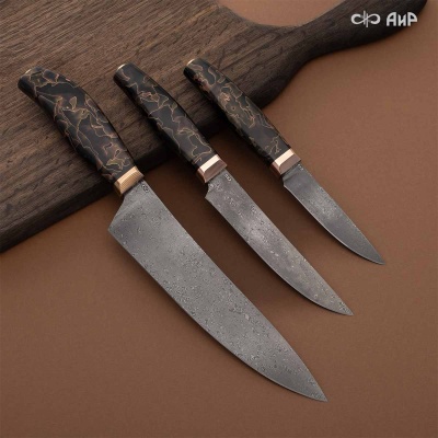 Набор Поварской-3 (композит с латунью и бронзой волны, мокуме гане) дамасская сталь ZDI-1016 - Компания «АиР»