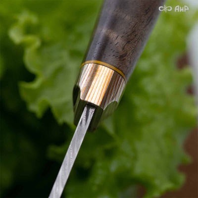Набор Стейковый (нож и вилка, стабилизированный ореховый кап, мокуме гане, медная втулка, кастомная заточка) дамасская сталь ZD-0803, узор твист - Компания «АиР»