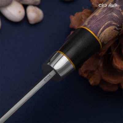 Финка Нью (наборная: стабилизированный граб, стабилизированный кап клена фиолетовый, фибра желтая, алюмин.втулка, авторские ножны, кастомная заточка) K390, № 07 - Компания «АиР»