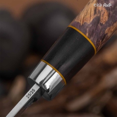 Финка Нью (наборная: стабилизированный граб, стабилизированный кап клена фиолетовый, фибра желтая, алюмин.втулка, авторские ножны, кастомная заточка) 100Х13М, № 25 - Компания «АиР»