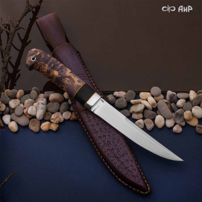 Финка Нью (наборная: стабилизированный граб, стабилизированный кап клена фиолетовый, фибра желтая, алюмин.втулка, авторские ножны, кастомная заточка) K390, № 07 - Компания «АиР»