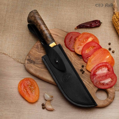 Пчак (стабилизированный ореховый кап, латунь, фибра) дамасская сталь ZDI-1016 - Компания «АиР»