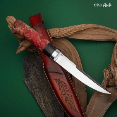 Финка Нью (наборная: стабилизированный граб, стабилизированный кап клена красный, фибра синяя, алюмин.втулка, авторские ножны, кастомная заточка) CPR, № 03 - Компания «АиР»