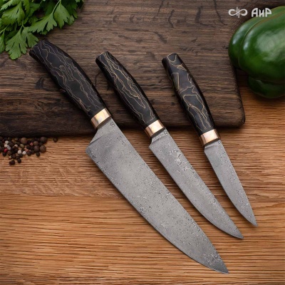 Набор Поварской-3 (композит с латунью и бронзой волны, мокуме гане, авторский кожаный кейс) дамасская сталь ZDI-1016 - Компания «АиР»