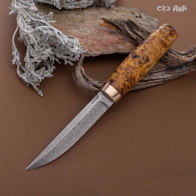 Финка Сканди Мини (стабилизированный кап тополя желтый, мокуме гане) дамасская сталь ZDI-1016 - Компания «АиР»