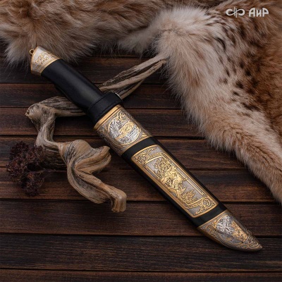 Нож Арсенальный люкс с сюжетом Рысья охота, комбинированные ножны, Артикул: 39171 - Компания «АиР»