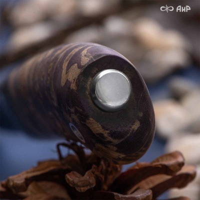 Финка Нью (наборная: стабилизированный граб, стабилизированный кап клена фиолетовый, фибра желтая, алюмин.втулка, авторские ножны, кастомная заточка) K390, № 07 - Компания «АиР»