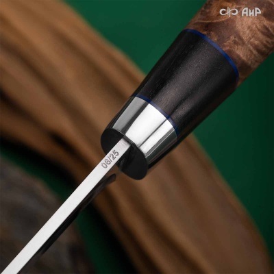 Финка Нью (наборная: стабилизированный граб, стабилизированный кап клена коричневый, фибра синяя, алюмин.втулка, авторские ножны, кастомная заточка) K390, № 06 - Компания «АиР»