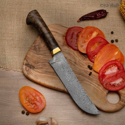 Пчак (стабилизированный ореховый кап, латунь, фибра) дамасская сталь ZDI-1016 - Компания «АиР»