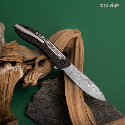 Хантер (карбон черный, вставка в рукоять черепа, серебро, кастомная заточка) дамасская сталь ZDI-1016 - Компания «АиР»