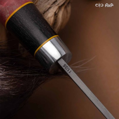 Финка Нью (наборная: стабилизированный граб, стабилизированный кап клена красный, фибра желтая, алюмин.втулка, авторские ножны, кастомная заточка) ZDI-1016, узор пирамида № 11 - Компания «АиР»