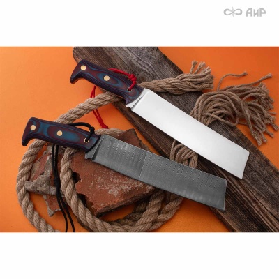 Уралмаш тесак (микарта красно-синяя, паракорд с темлячным узлом, кастомная заточка) дамасская сталь ZD-0801, узор ступени - Компания «АиР»