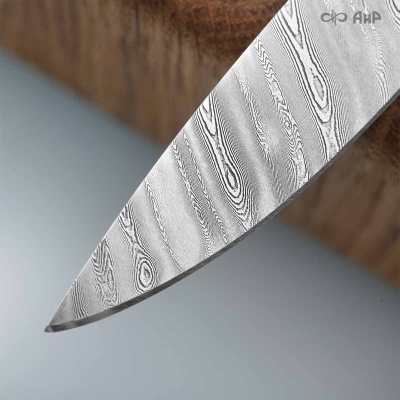 Набор Стейковый (нож и вилка, стабилизированный ореховый кап, мокуме гане, медная втулка, кастомная заточка) дамасская сталь ZD-0803, узор твист - Компания «АиР»