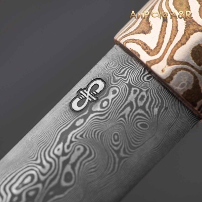 Нож Айкути, дамасская сталь ZDI-1016, композит с алюминиевой микросеткой волны, коричневый, мокуме гане, ZlaTi - Компания «АиР»