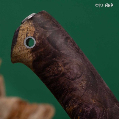 Финка Нью (наборная: стабилизированный граб, стабилизированный кап клена фиолетовый, фибра синяя, алюмин.втулка, авторские ножны, кастомная заточка) CPR, № 02 - Компания «АиР»