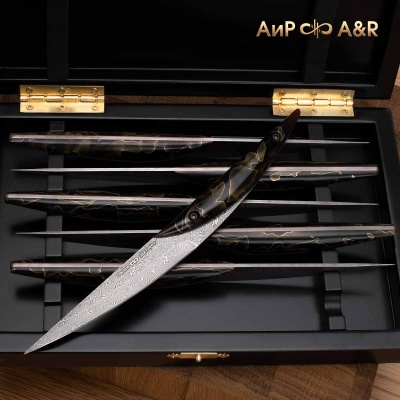 Набор стейковых ножей ЦМ (композит с латунью черный) дамасская сталь ZDI-1016 - Компания «АиР»