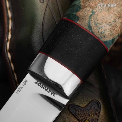 Финка Нью (наборная: стабилизированный граб, стабилизированный кап клена зеленый, фибра красная, алюмин.втулка, авторские ножны, кастомная заточка) 100Х13М, № 22 - Компания «АиР»