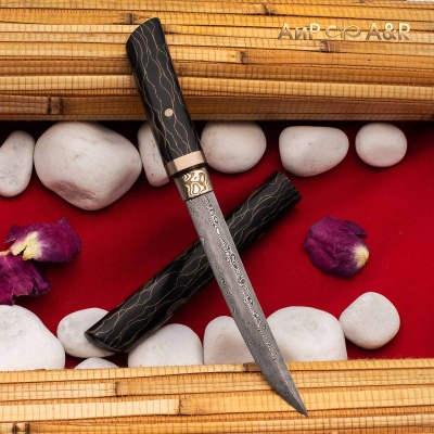  Нож "Айкути" из дамасской стали ZDI-1016 (композит с бронзовой микросеткой «волны», черный, мокуме гане) - Компания «АиР»