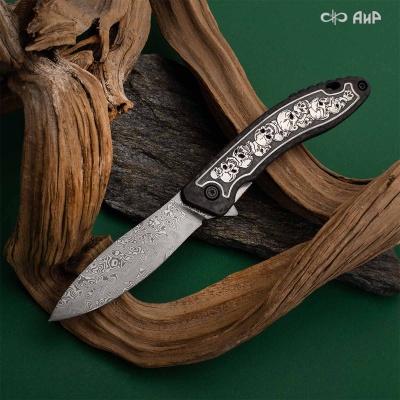 Хантер (карбон черный, вставка в рукоять черепа, серебро, кастомная заточка) дамасская сталь ZDI-1016 - Компания «АиР»