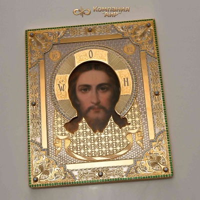 Икона в окладе Нерукотворный образ Иисуса Христа с желтыми, зелеными, лавандовыми, розовыми фианитами - Компания «АиР»